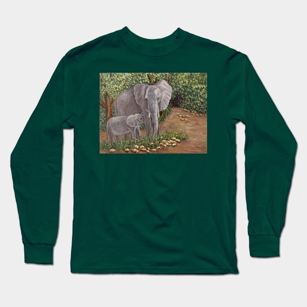 Elephant and Calf Long Sleeve T-Shirt by KarenZukArt